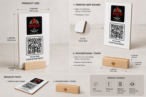 Custom Printed Set Of 10pcs  MDF QR Code Stand with Wooden Base - 4x6 Inch Table Top Display for Restaurant Cafe