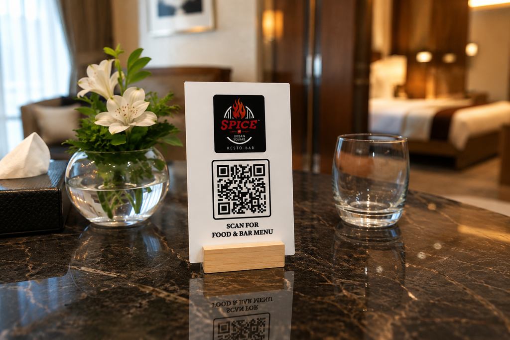 Custom Printed Set Of 10pcs  MDF QR Code Stand with Wooden Base - 4x6 Inch Table Top Display for Restaurant Cafe