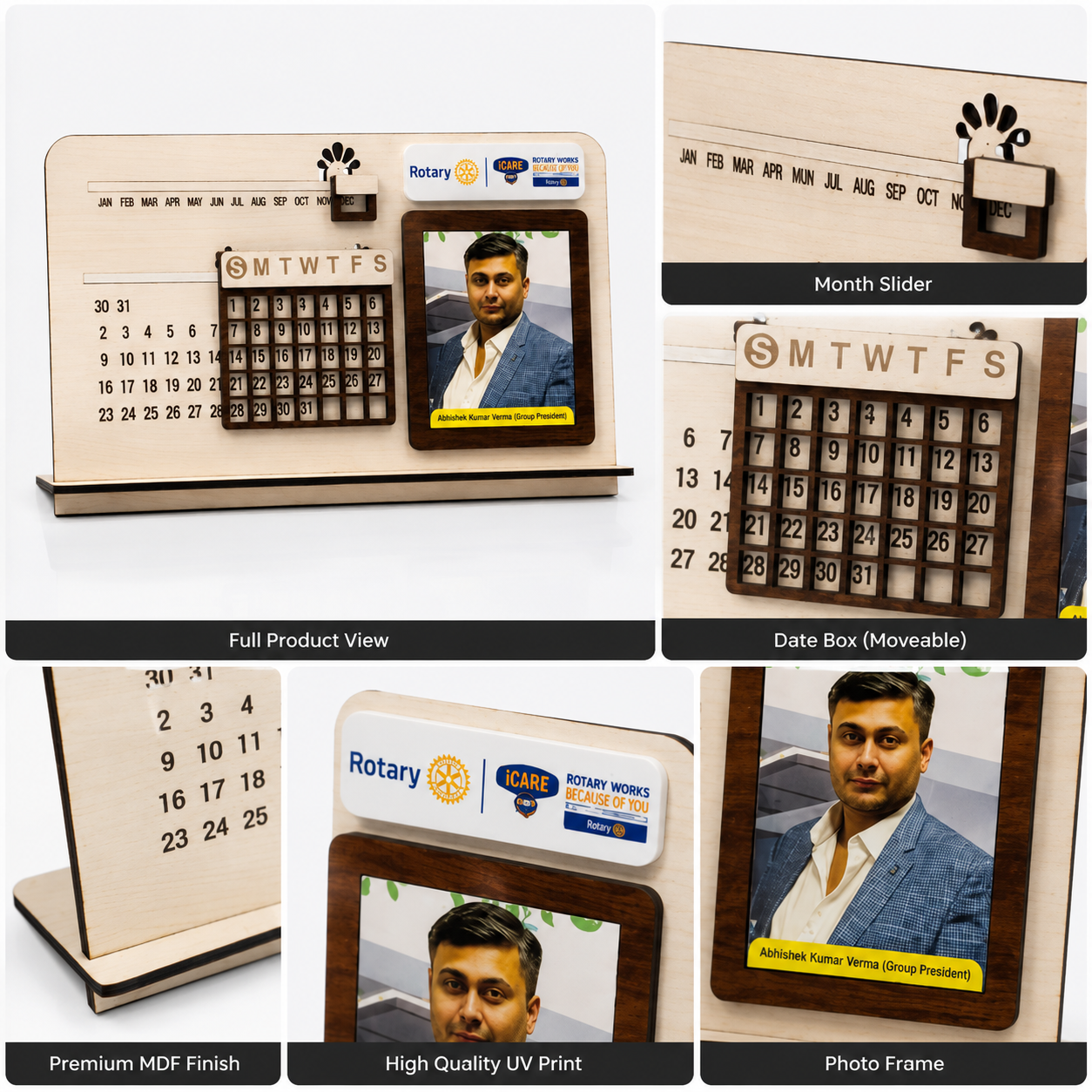 Personalized Wooden Desk Calendar with Photo Frame - Perpetual Calendar Corporate Gift