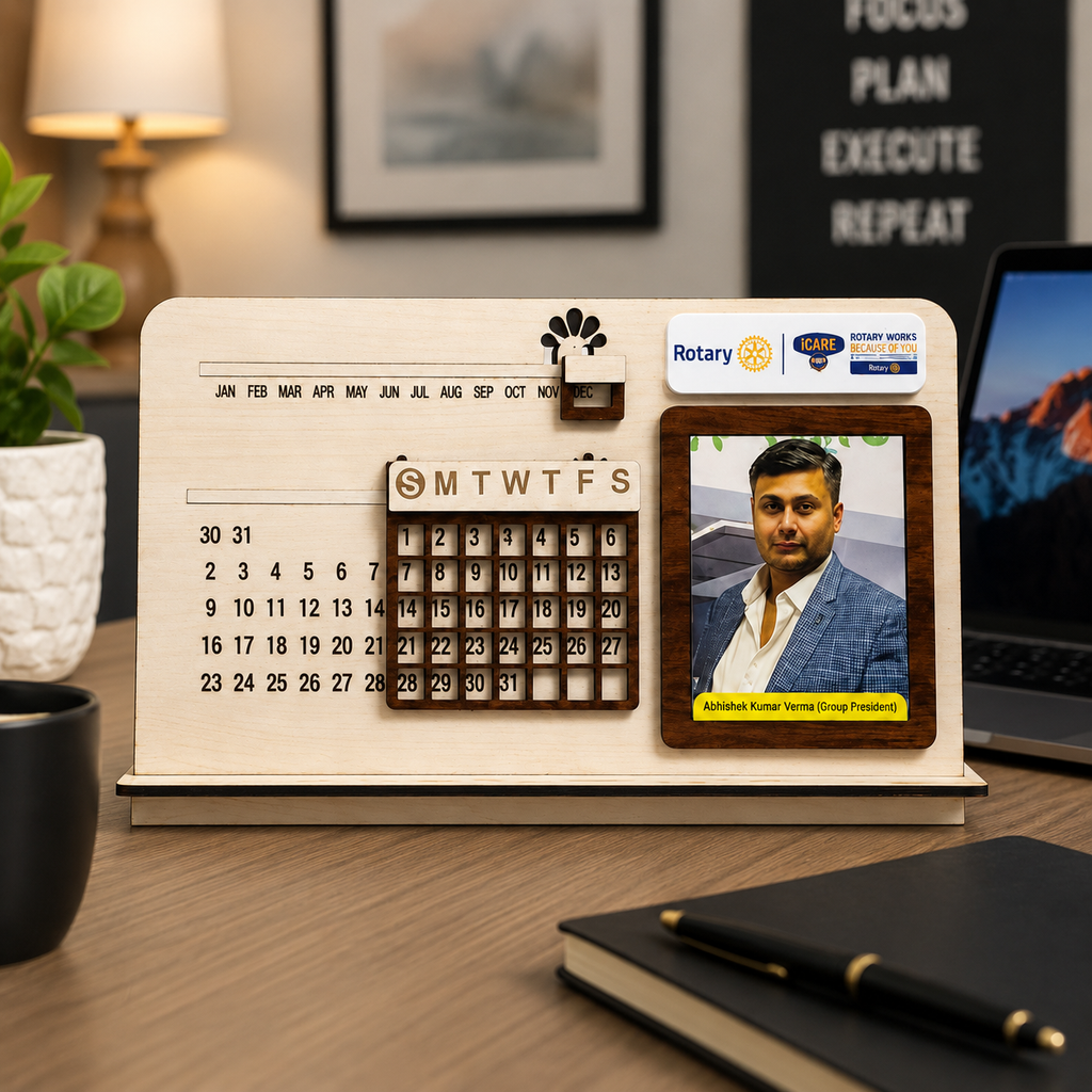 Personalized Wooden Desk Calendar with Photo Frame - Perpetual Calendar Corporate Gift