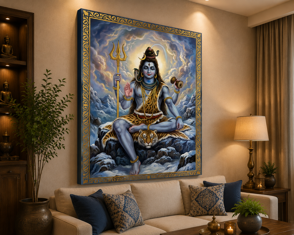 Meditating Lord Shiva Canvas Wall Art – Kailash Mountain Divine Spiritual Painting