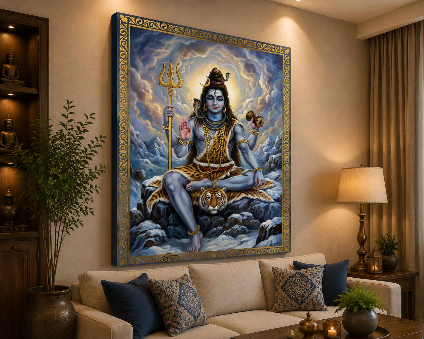 Meditating Lord Shiva Canvas Wall Art – Kailash Mountain Divine Spiritual Painting