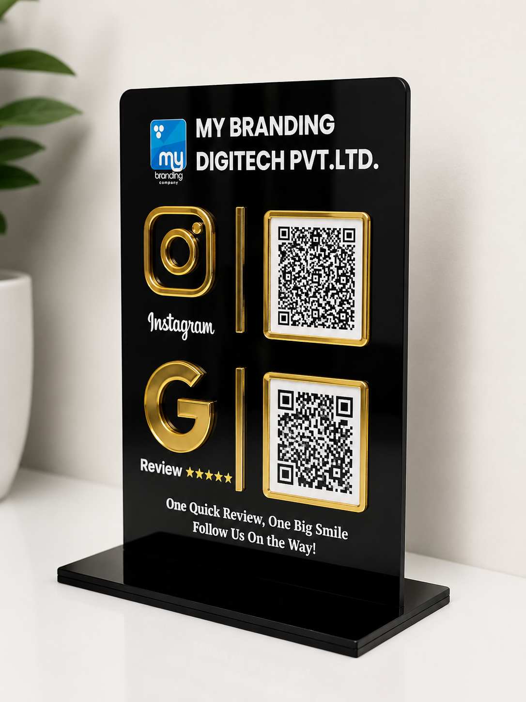 Premium Black Acrylic QR Code Stand - 6x8 Inch UV Printed Business Display with Gold Design