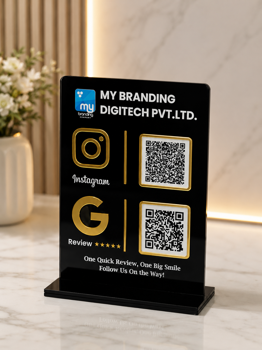 Premium Black Acrylic QR Code Stand - 6x8 Inch UV Printed Business Display with Gold Design