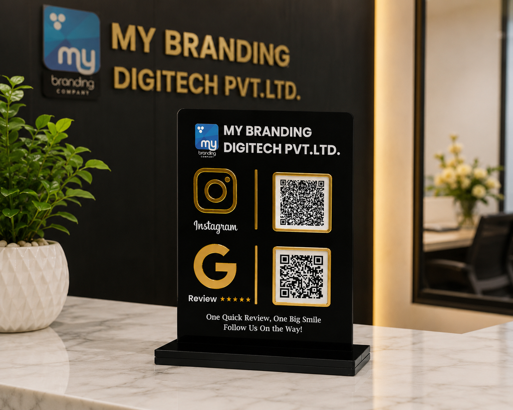 Premium Black Acrylic QR Code Stand - 6x8 Inch UV Printed Business Display with Gold Design
