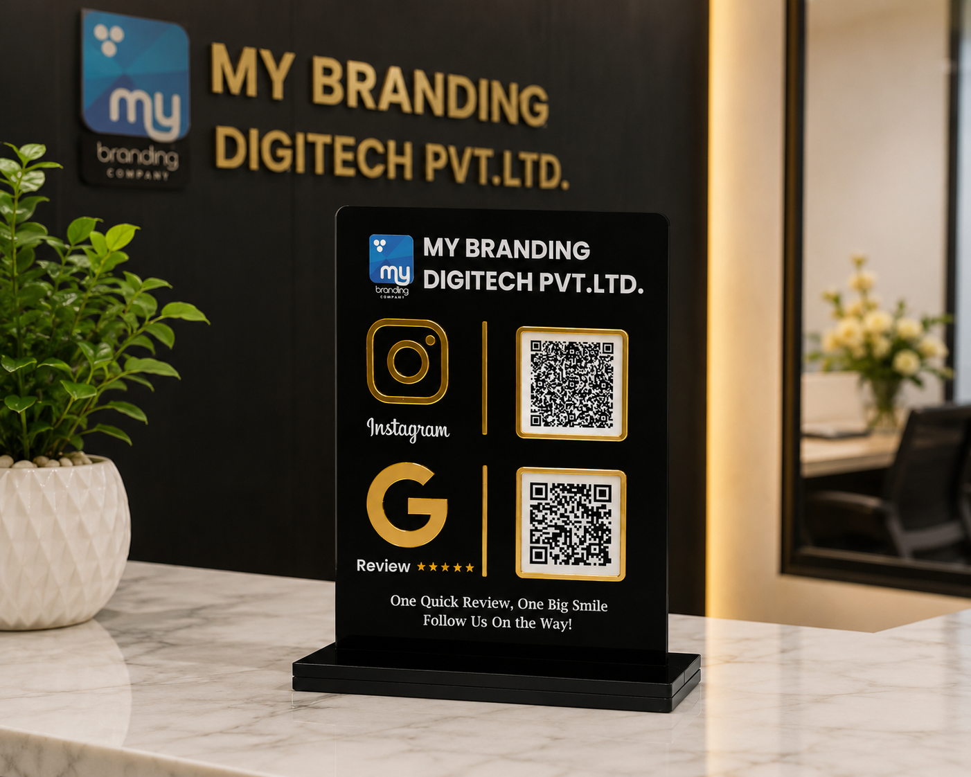 Premium Black Acrylic QR Code Stand - 6x8 Inch UV Printed Business Display with Gold Design