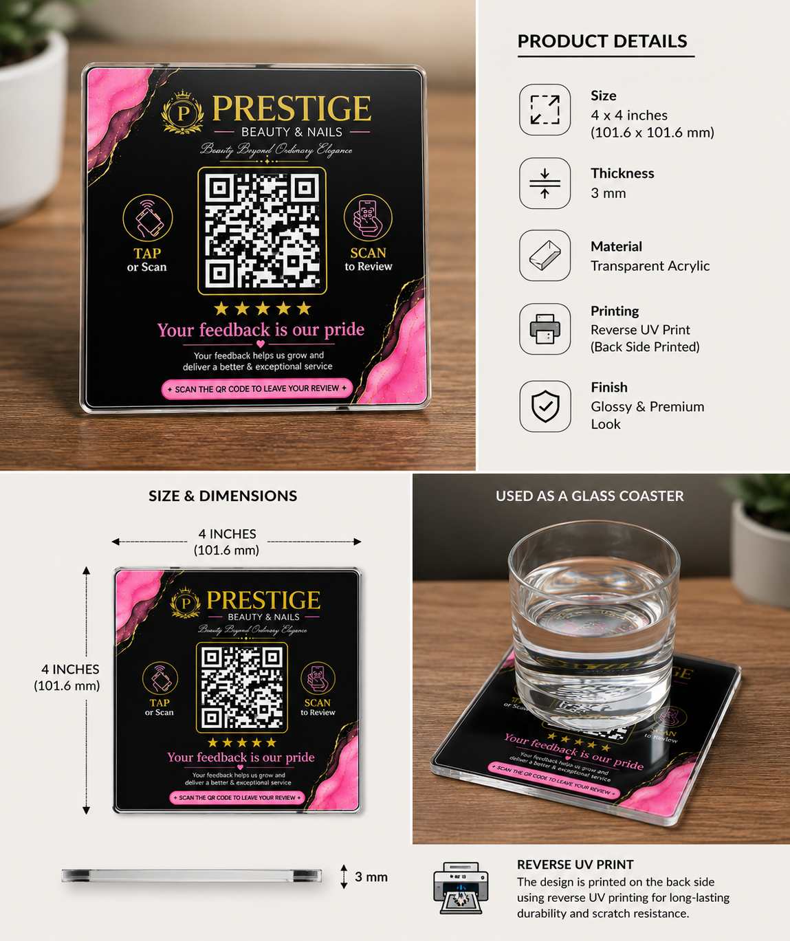 Custom Acrylic QR Code Coaster Set of 5pcs - 4x4 Inch Transparent Reverse UV Print - Tap & Scan