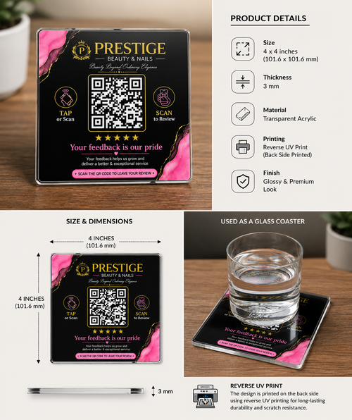 Custom Acrylic QR Code Coaster Set of 5pcs - 4x4 Inch Transparent Reverse UV Print - Tap & Scan