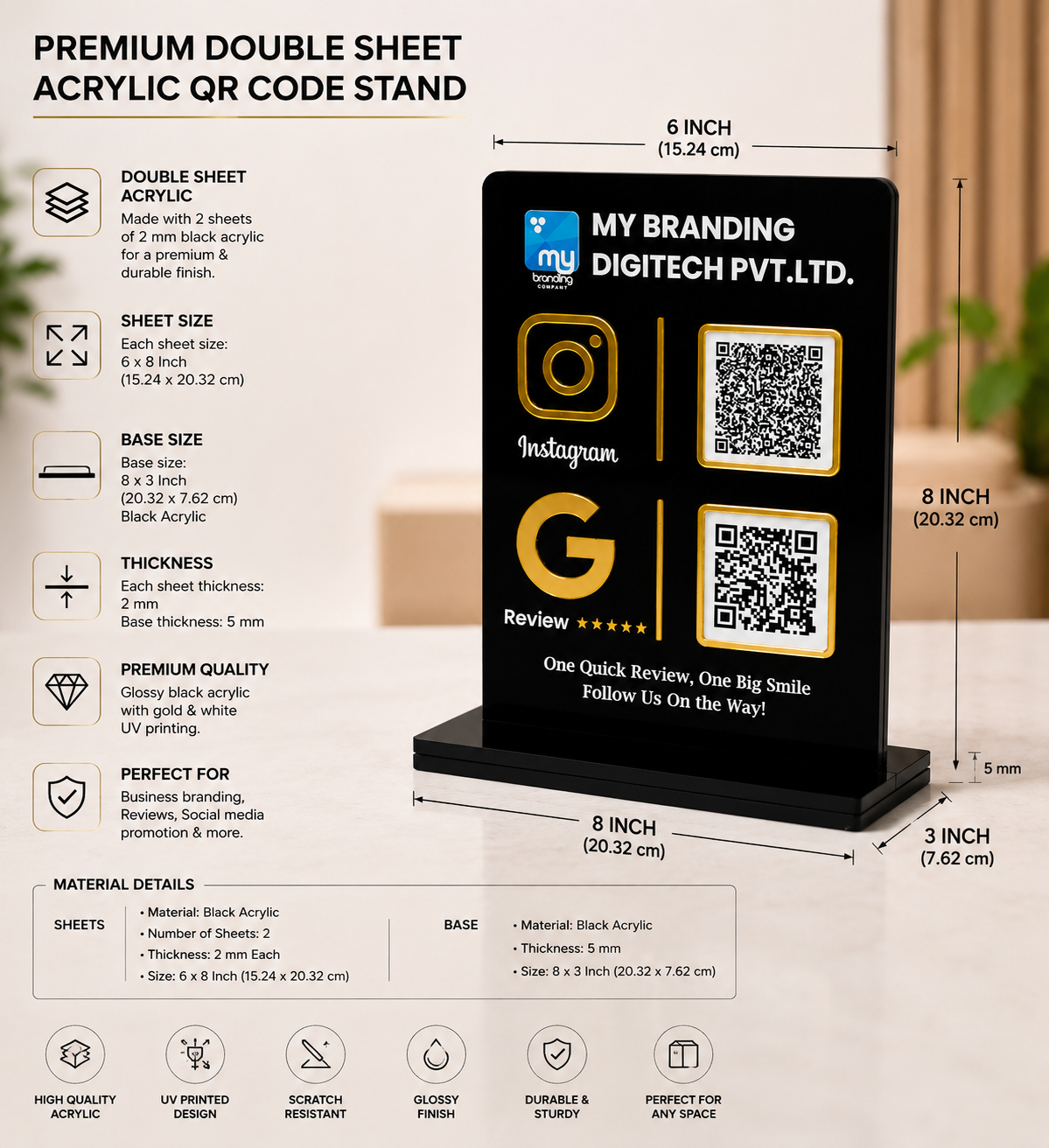Premium Black Acrylic QR Code Stand - 6x8 Inch UV Printed Business Display with Gold Design