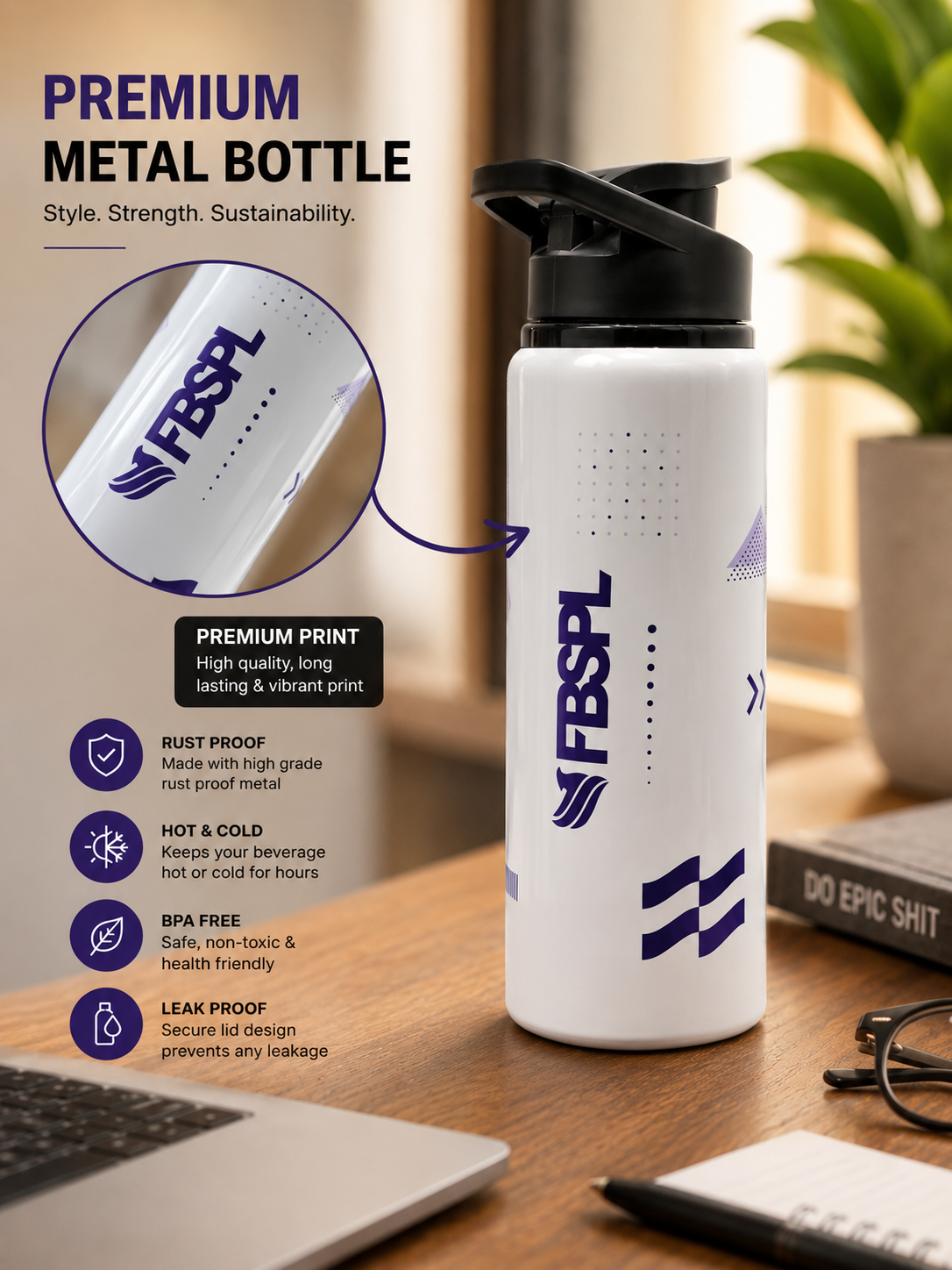 Custom Printed Premium Metal Water Bottle - Rust Proof BPA Free Hot & Cold Sipper with Logo Branding